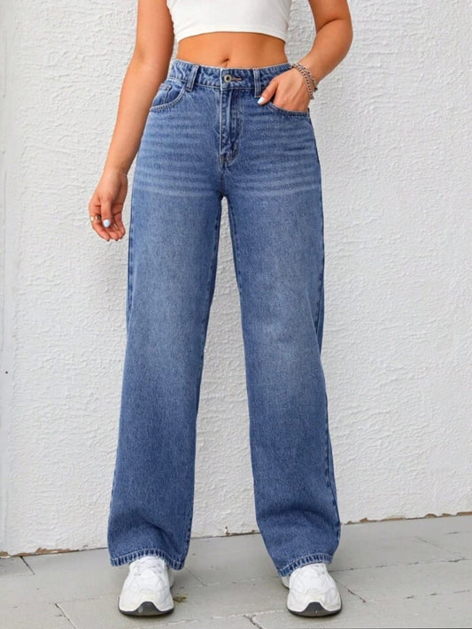 High Waist Wishker Wash Wide leg Denim