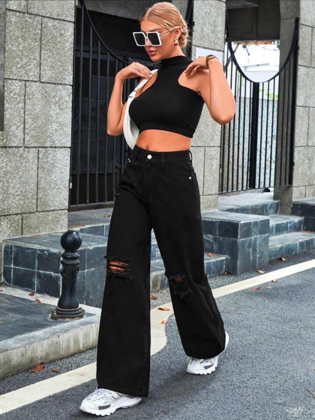 Now in Black Colours High Waist double torn Wide Leg Denim