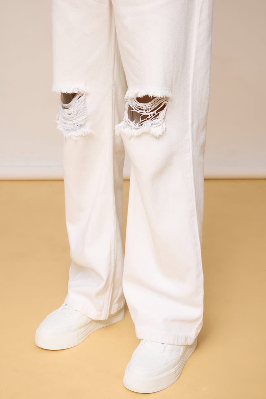 High Waist Double Torn wide leg Denim