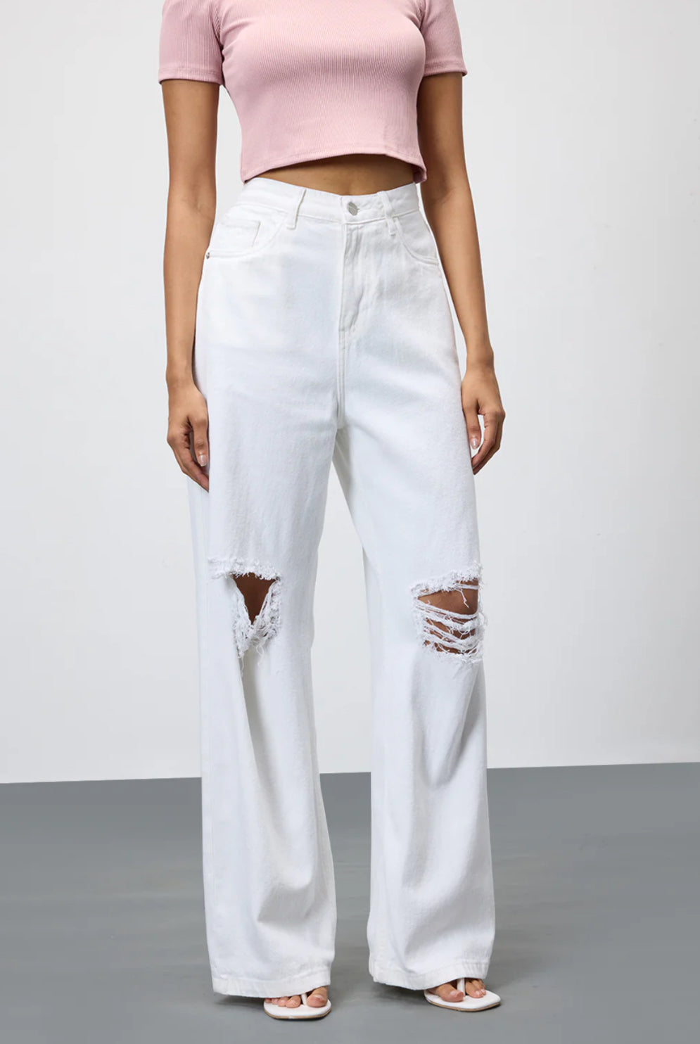 High Waist Double Torn Wide leg Denim