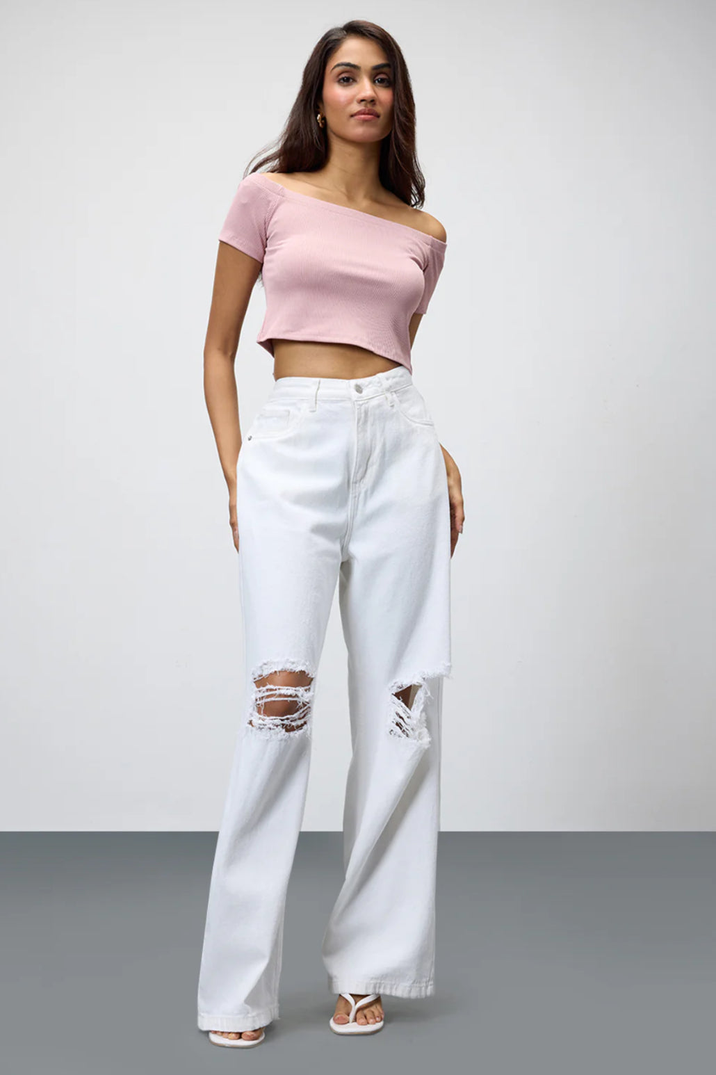 High Waist Double Torn Wide leg Denim