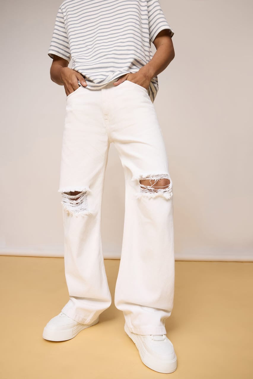 High Waist Double Torn wide leg Denim