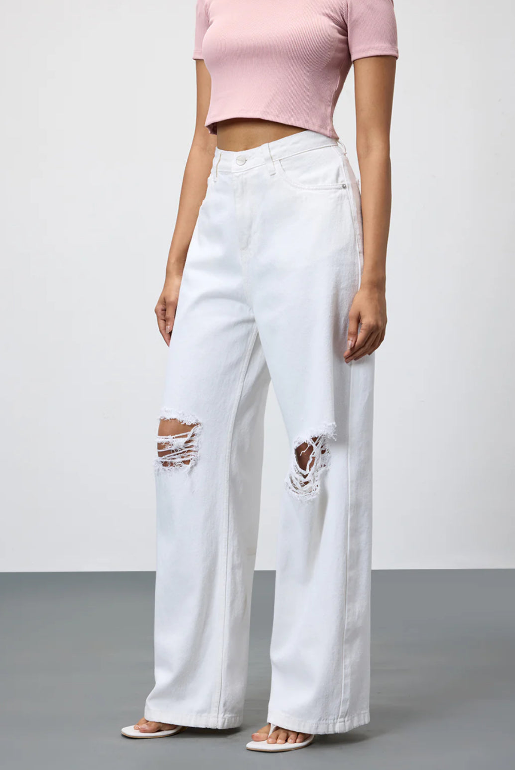 High Waist Double Torn Wide leg Denim