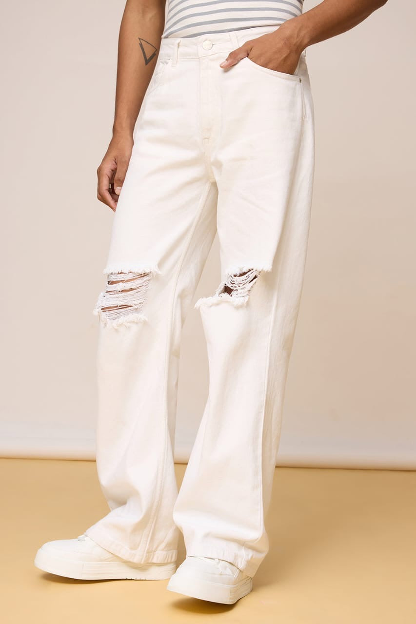 High Waist Double Torn wide leg Denim