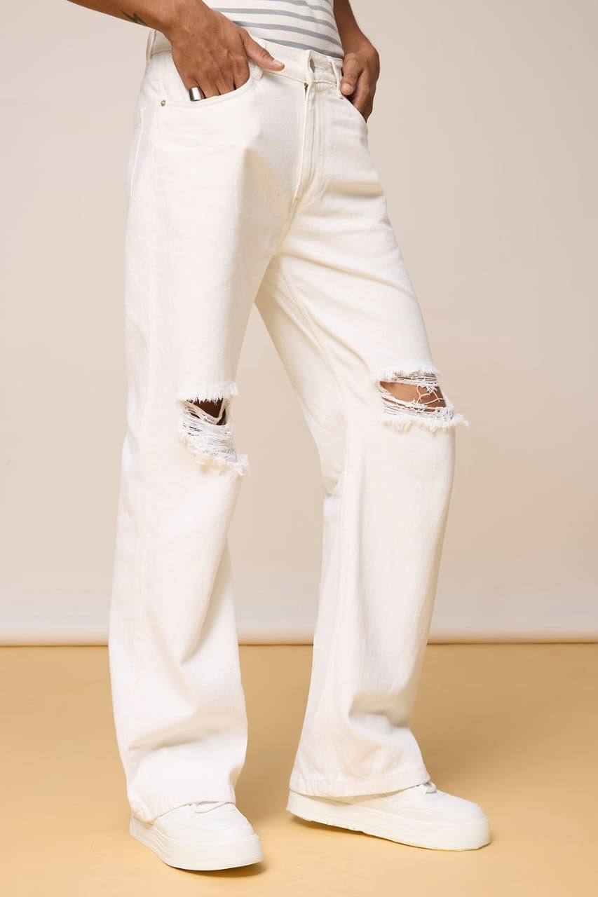 High Waist Double Torn wide leg Denim