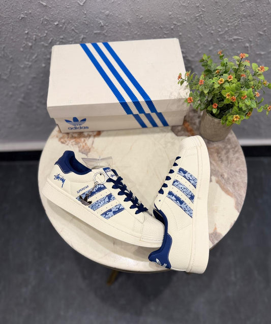 ADIDAS ORIGINAL SUPERSTAR WHITE BLUE STUSSY