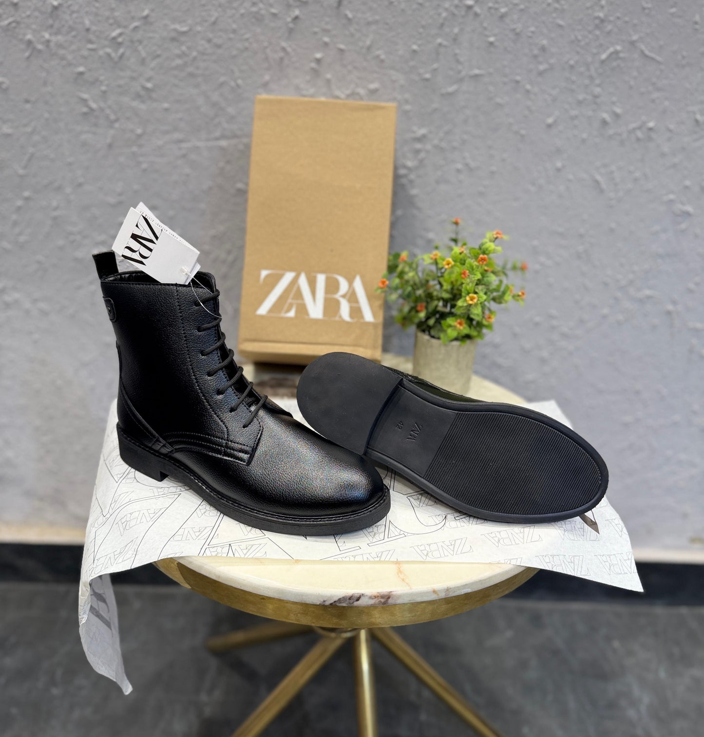 ZARA MID ANKLE ZIP CUM LACES BLACK BOOTS