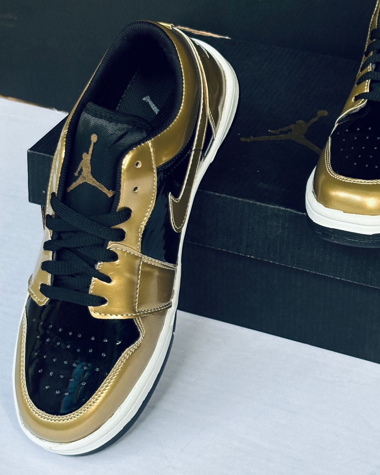 NIKE AIR JORDAN ONE LOW GOLD BLACK GLOSSY