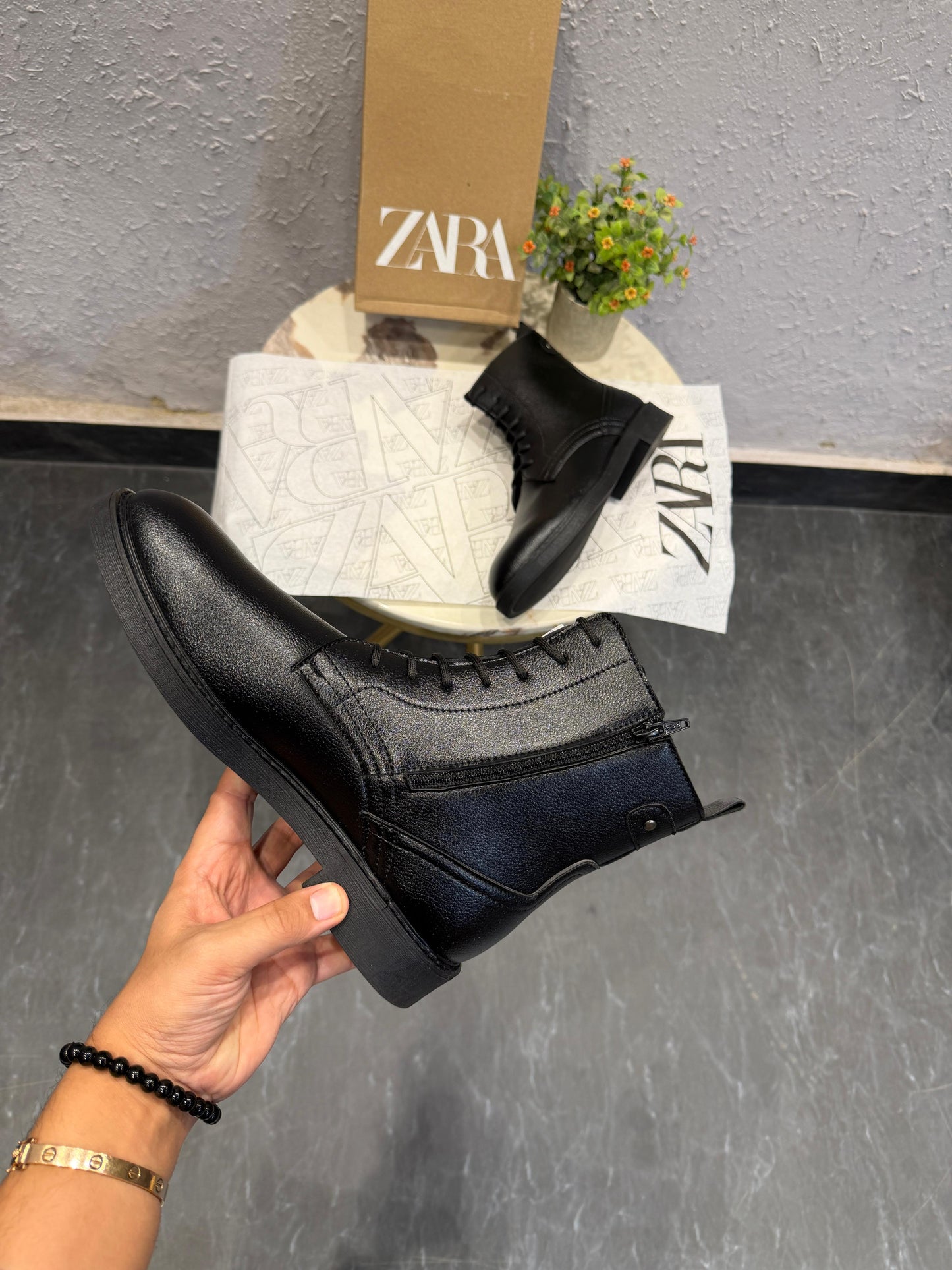 ZARA MID ANKLE ZIP CUM LACES BLACK BOOTS