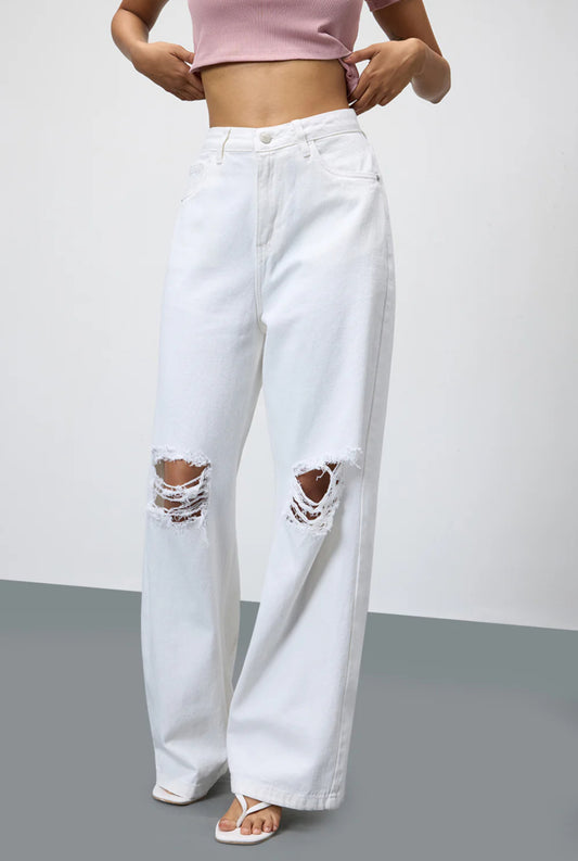 High Waist Double Torn Wide leg Denim