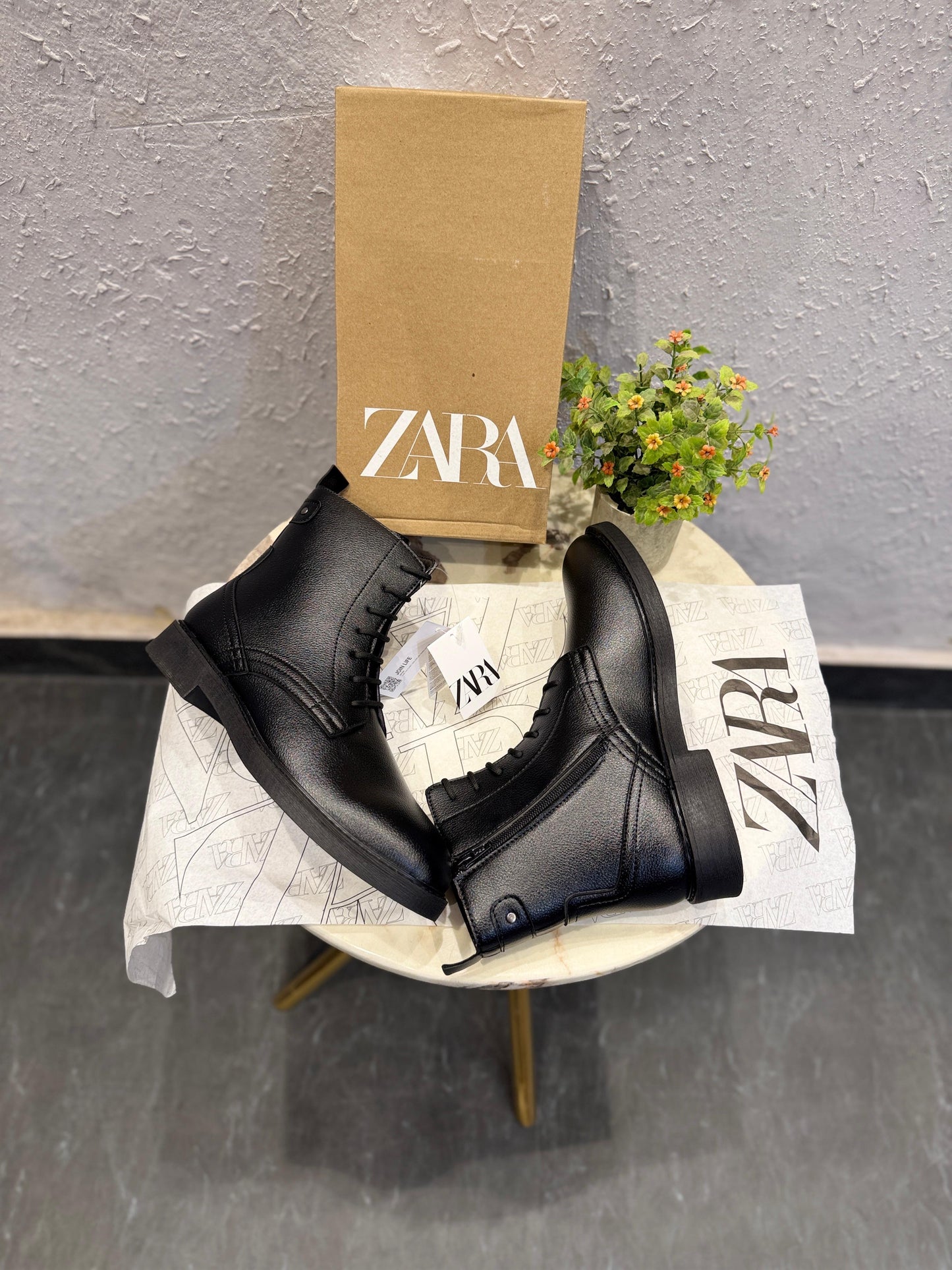 ZARA MID ANKLE ZIP CUM LACES BLACK BOOTS