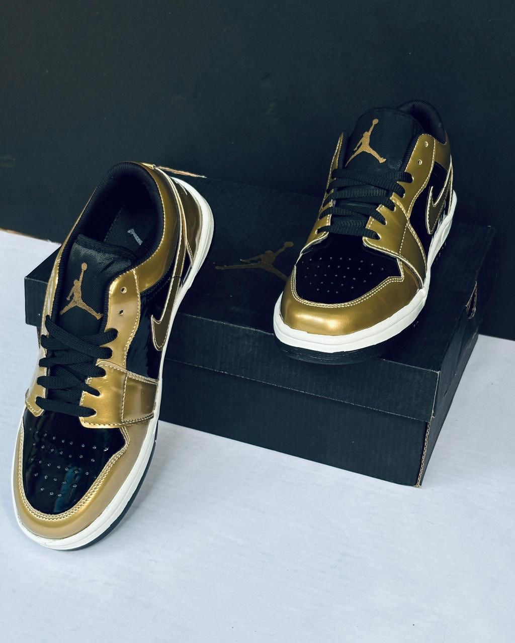 NIKE AIR JORDAN ONE LOW GOLD BLACK GLOSSY