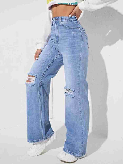 Now in Double Torn* 
High Waist wishker wash double torn Wide Leg Denim