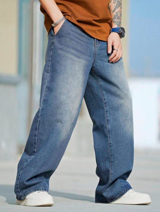 High Waist Wishker Wash Baggy Denim