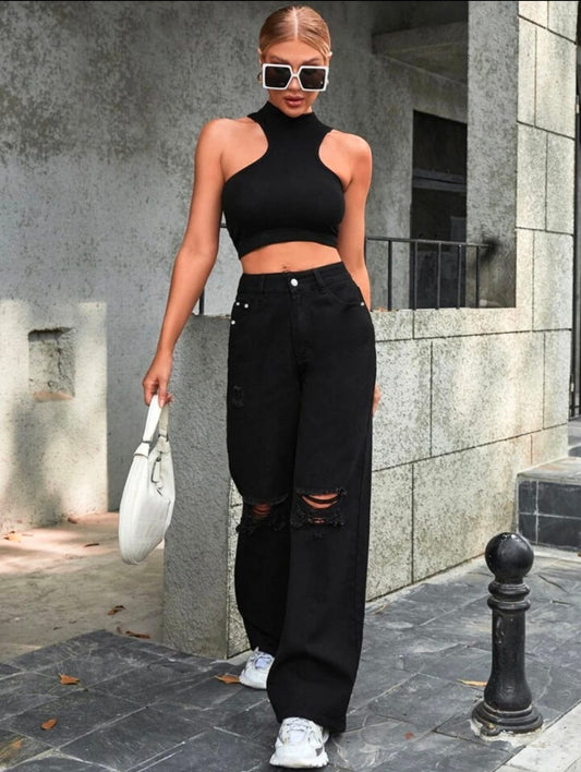 Now in Black Colours High Waist double torn Wide Leg Denim