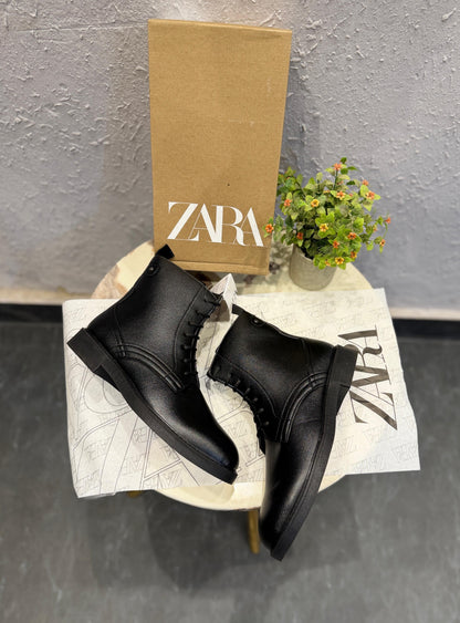 ZARA MID ANKLE ZIP CUM LACES BLACK BOOTS