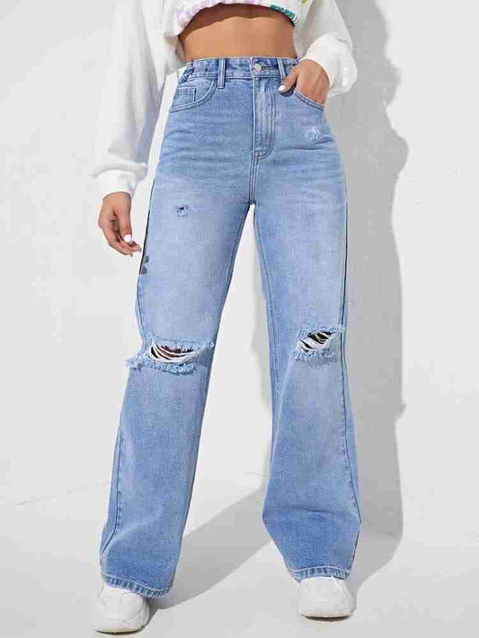 Now in Double Torn* 
High Waist wishker wash double torn Wide Leg Denim