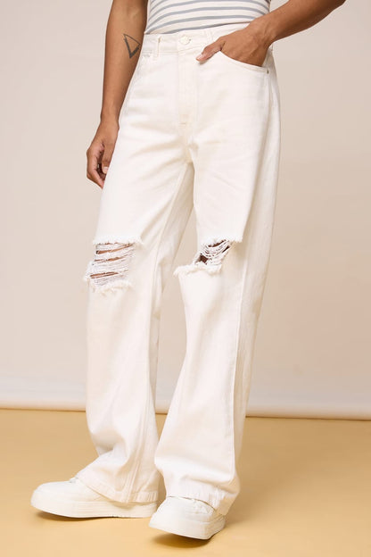 High Waist Double Torn wide leg Denim