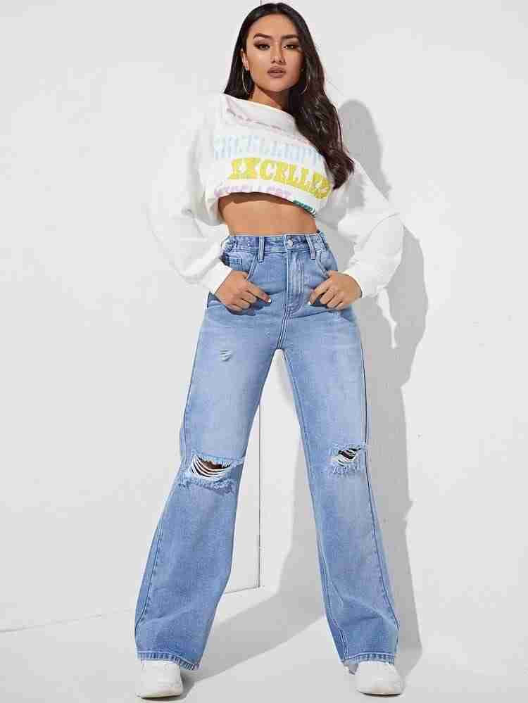 Now in Double Torn* 
High Waist wishker wash double torn Wide Leg Denim
