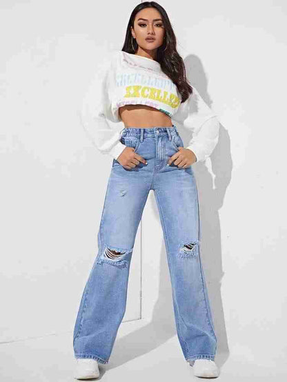 Now in Double Torn* 
High Waist wishker wash double torn Wide Leg Denim