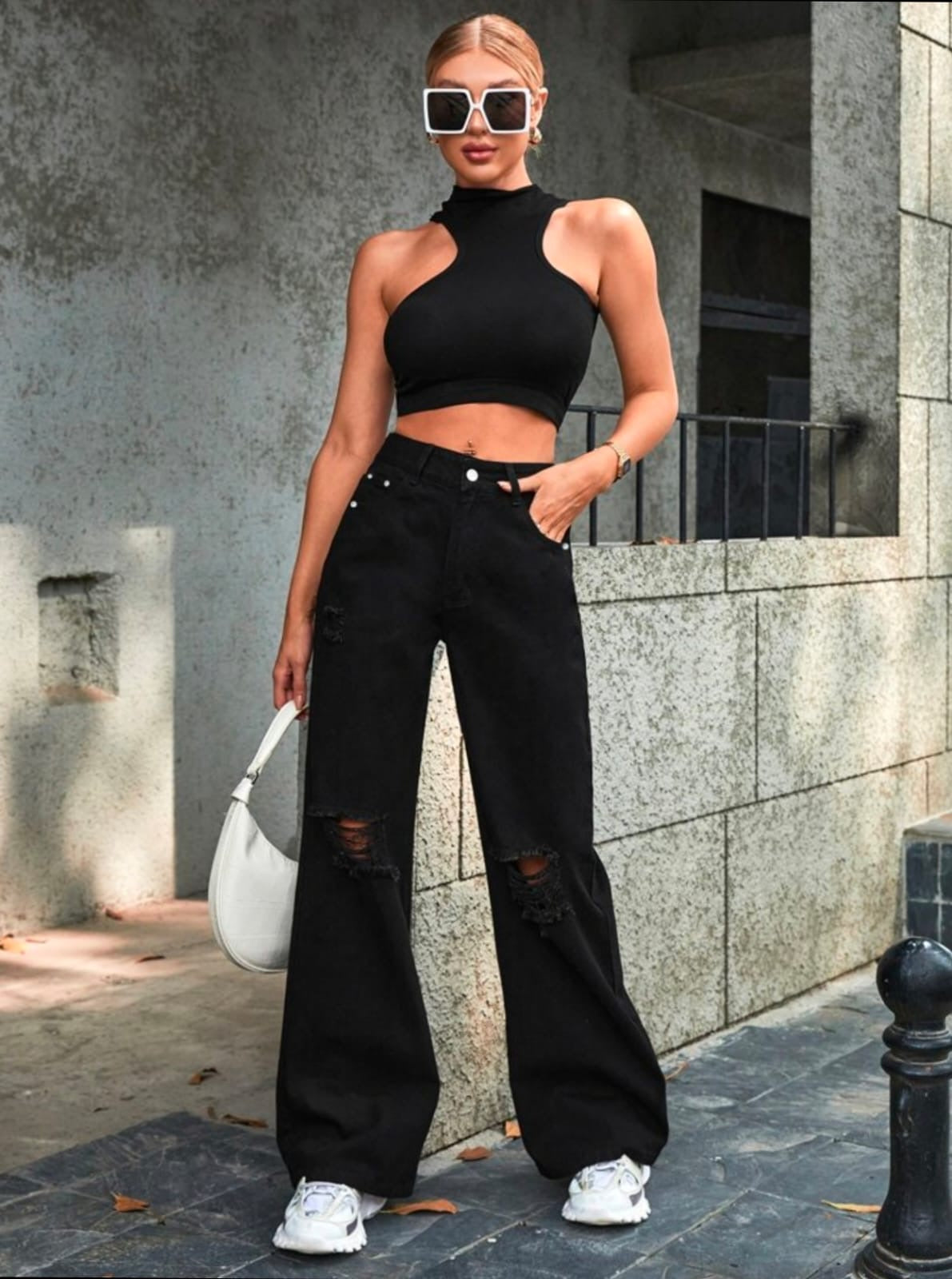 Now in Black Colours High Waist double torn Wide Leg Denim