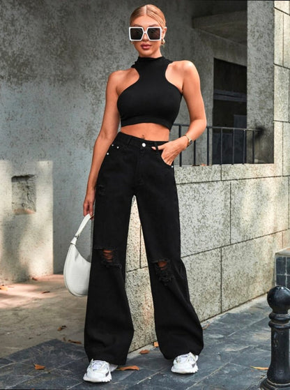 Now in Black Colours High Waist double torn Wide Leg Denim