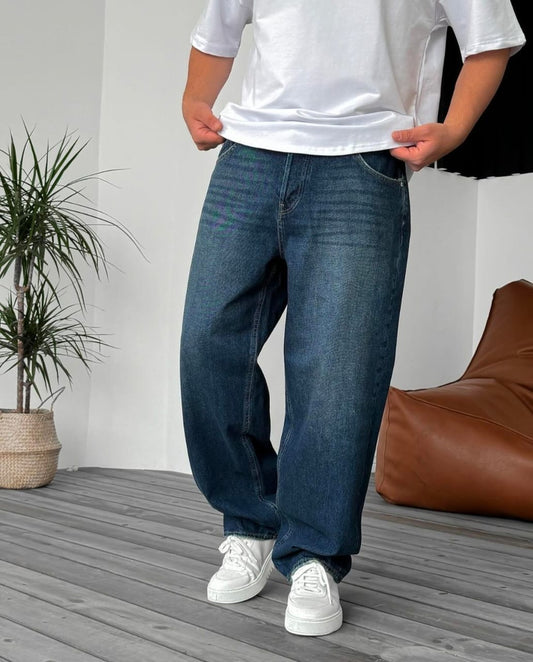 High Waist Wishker Wash Baggy Denim