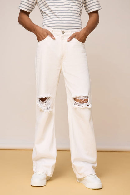 High Waist Double Torn wide leg Denim