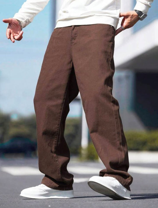 Brown Baggy Jeans with High Waist, Pure Denim fabric