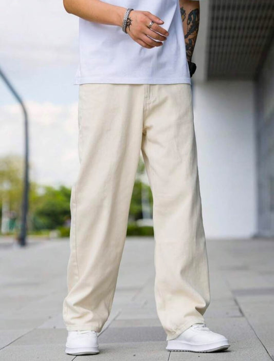 High Waist Cream Baggy Jeans