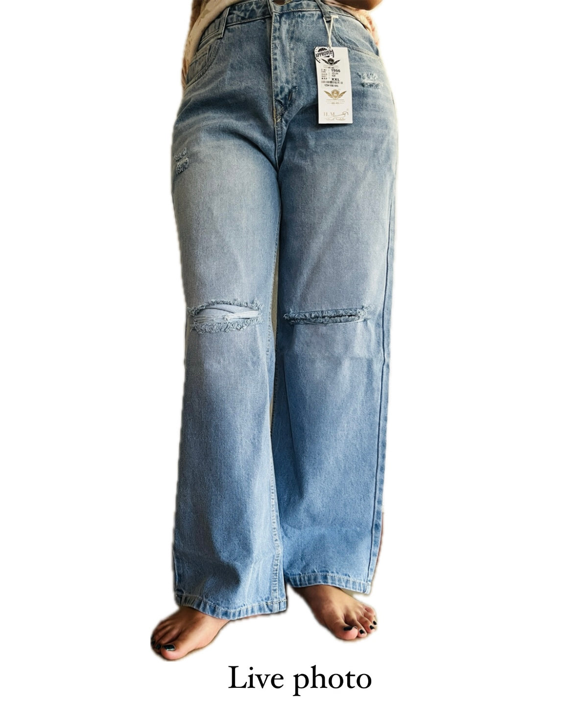 Now in Double Torn* 
High Waist wishker wash double torn Wide Leg Denim