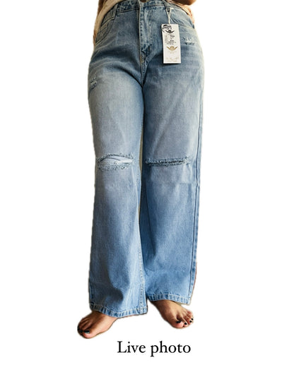 Now in Double Torn* 
High Waist wishker wash double torn Wide Leg Denim